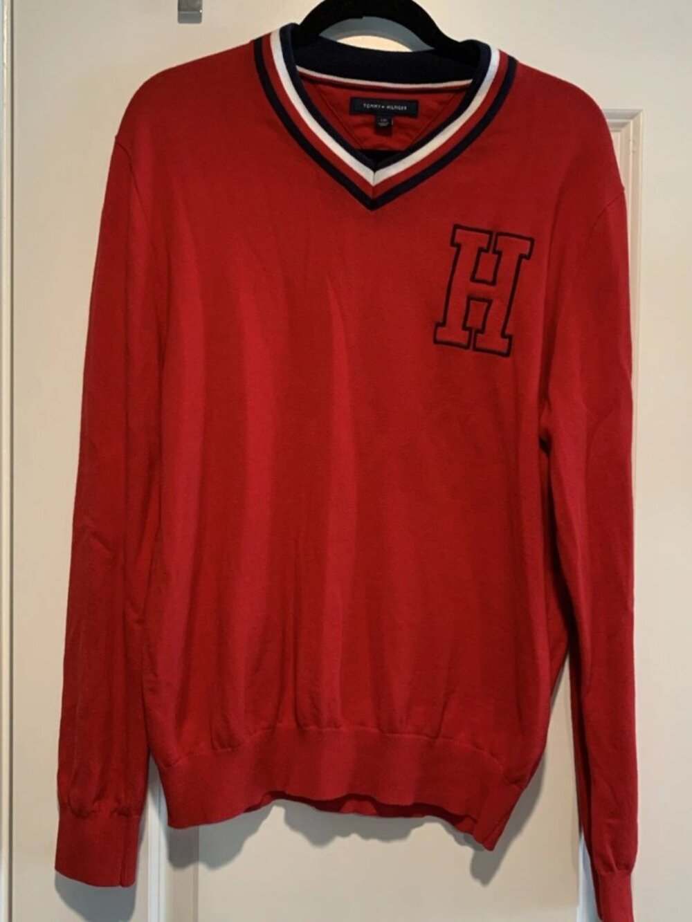 Tommy Hilfiger Men's Large V-Neck Tennis Sweater Big H Logo Cotton Preppy Pullo